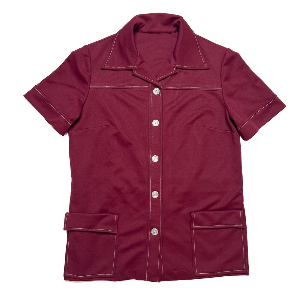 Vintage 70s Leisure Shirt Jacket Maroon Short Sleeve Accent Stitch Dagger Collar